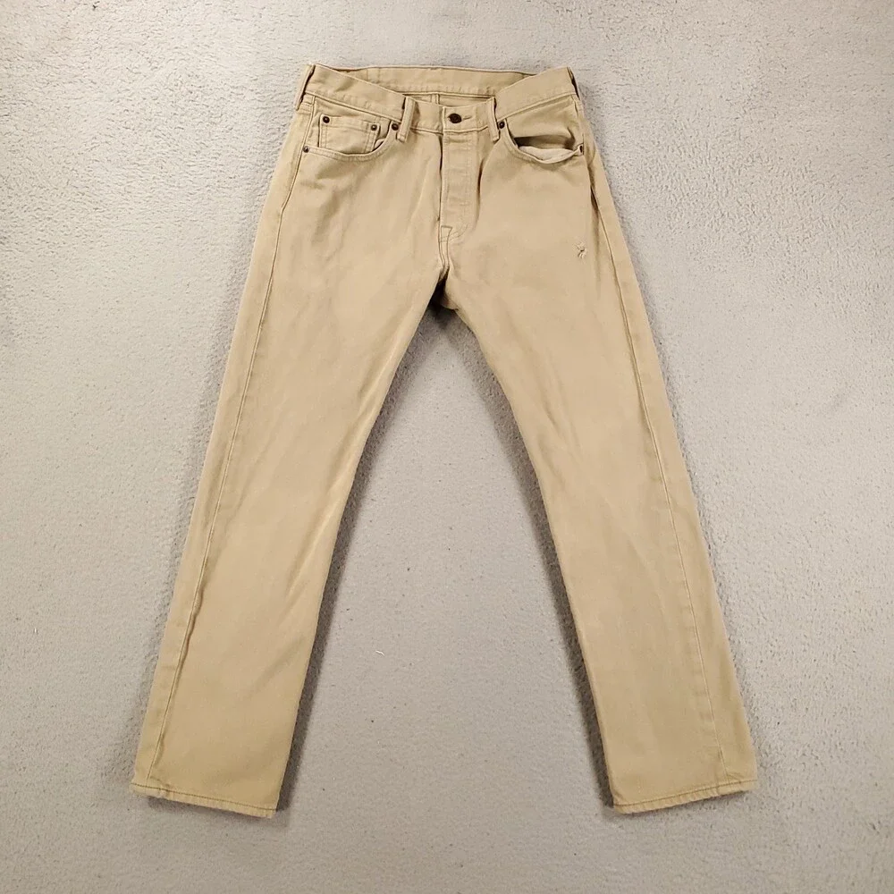Levis 501 Jeans Mens 30x30 Tan Biege Button Fly Straight Leg Distressed 30x30